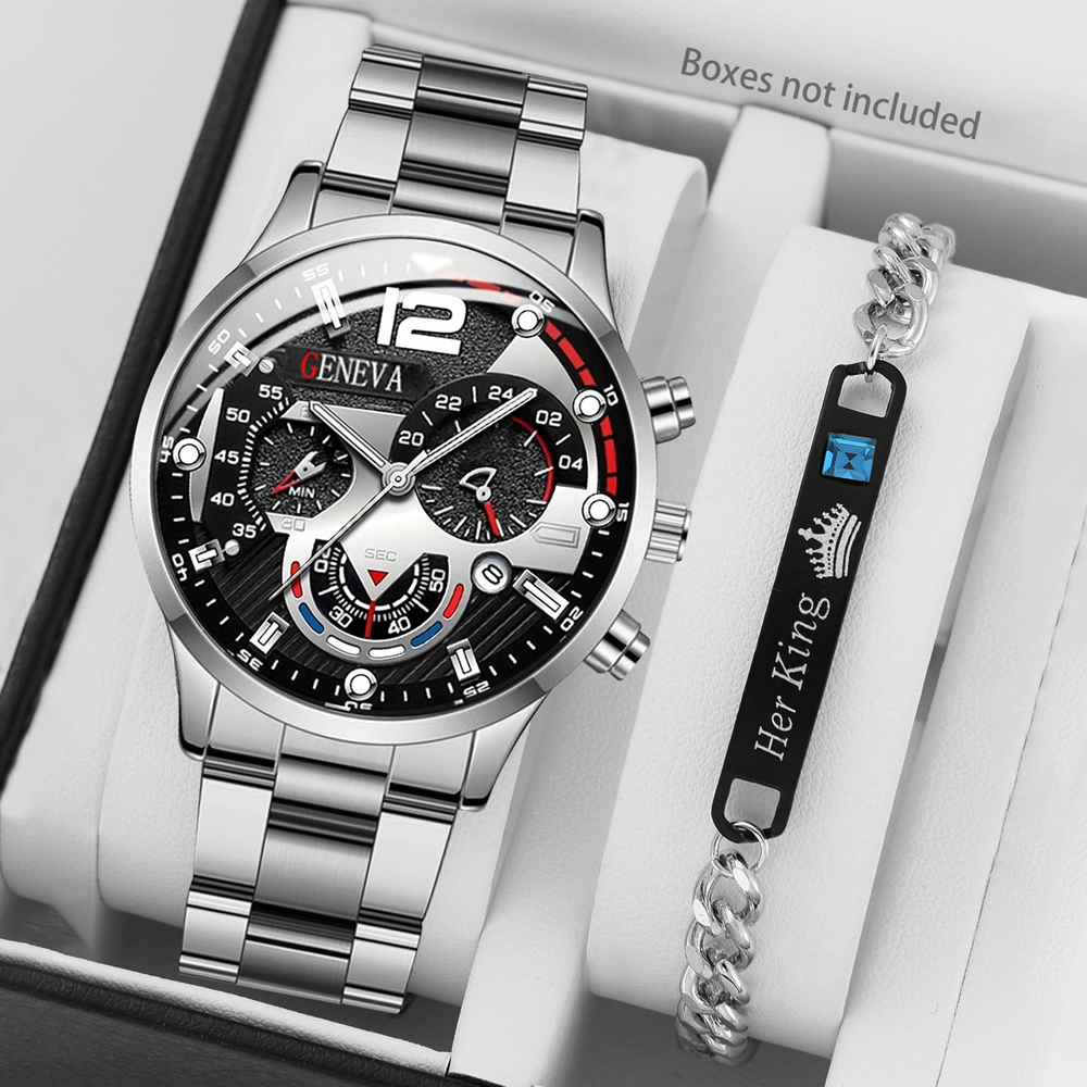 2 Pcs Business Men's Watch Fashion Stainless Steel with Quartz Watch Pointer Calendar Men's Watch Bracelet